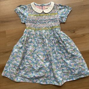 NWT. Mini Boden Floral Smocked Dress with White Peter Pan Collar, Size 5-6y